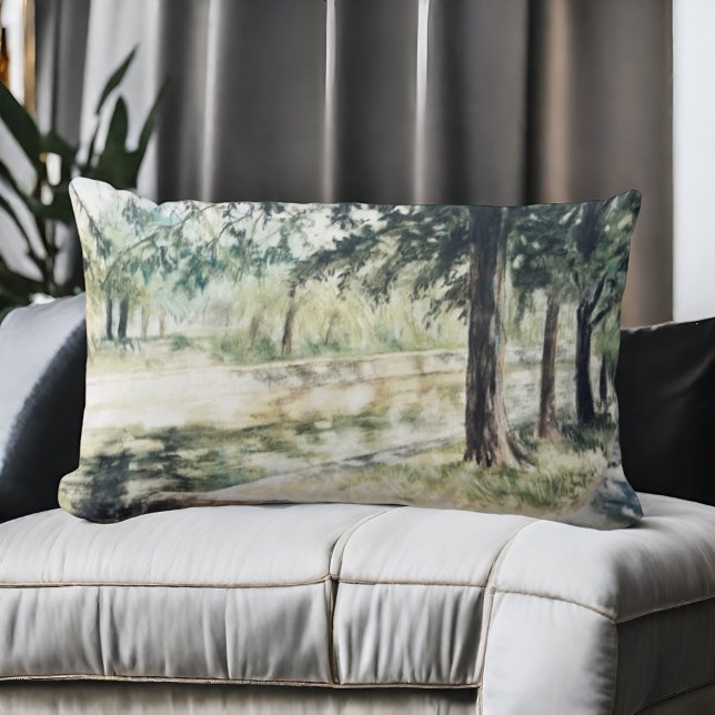 Hand painted summer watercolor green trees river  lumbar cushion (Creator Uploaded)