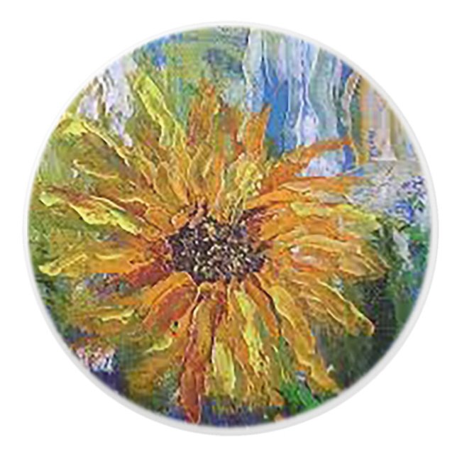 Hand Painted Sunflower Print Ceramic Pull Knob (Front)
