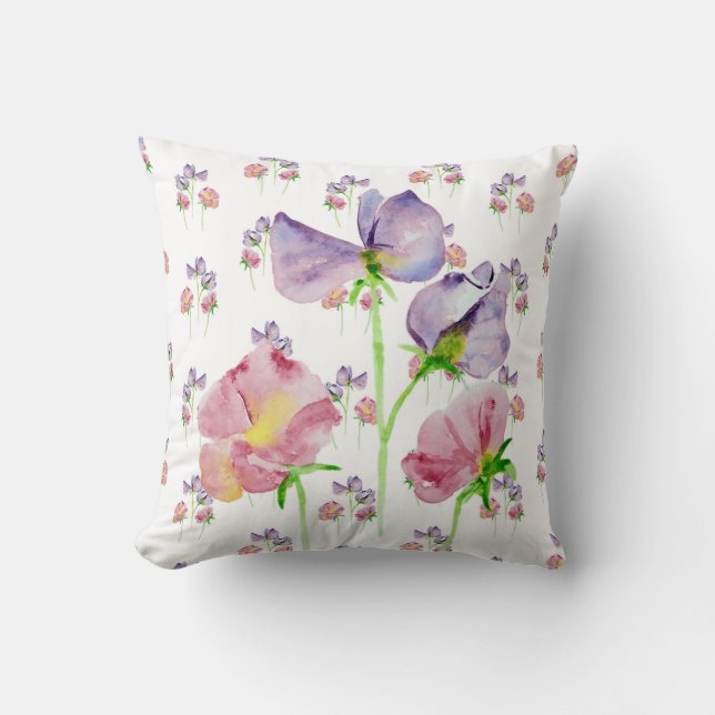 Hand Painted Sweet Pea Watercolor Cushion (Front)