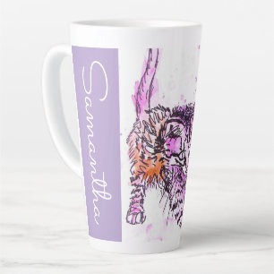 Hand Painted Tabby Cat Cats Purple Wool Watercolor Latte Mug