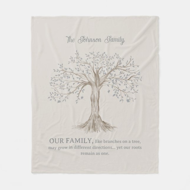 Hand Painted Tree Custom Family Quote Gray Beige Fleece Blanket (Front)