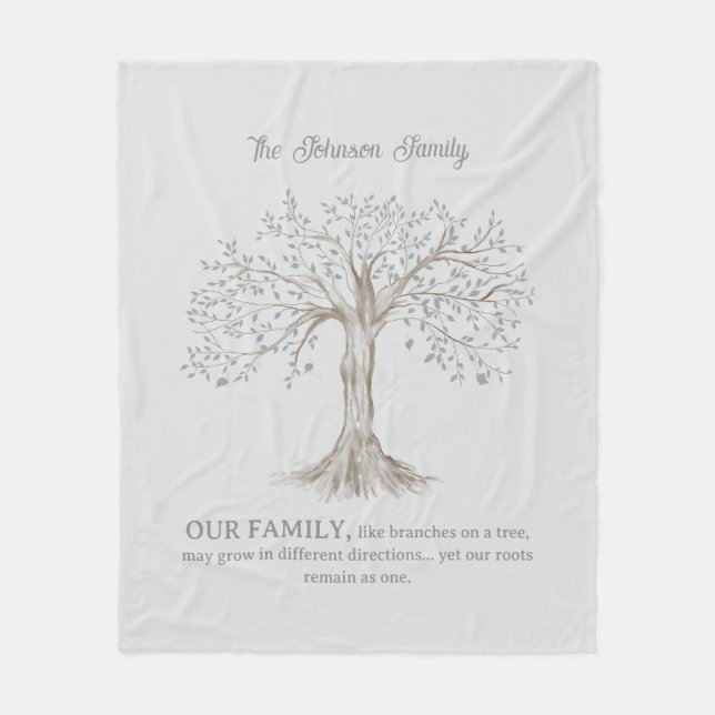 Hand Painted Tree Custom Family Quote Light Gray Fleece Blanket (Front)