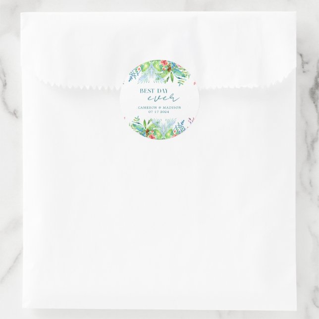 Hand-Painted Tropical Flower Wedding Classic Round Sticker (Bag)