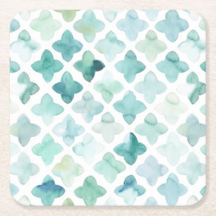 Hand Painted Turquoise Pattern Square Paper Coaster