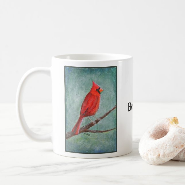 Hand-painted Unique Moody Cardinal Art  Coffee Mug (With Donut)