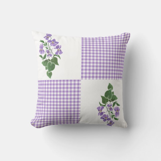 Hand-painted Violets on White, Mauve Check Gingham Cushion (Front)