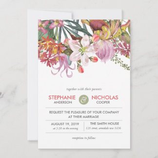 Hand painted water colour exotic flower wedding invitation