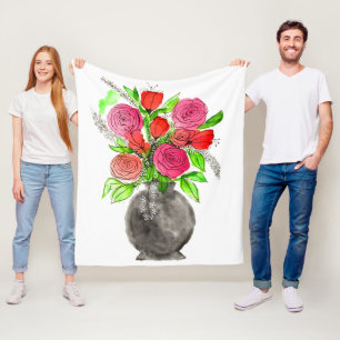 Hand Painted Watercolor Abstract Floral Art Fleece Blanket