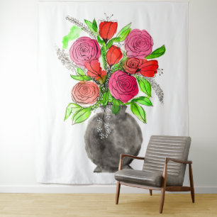 Hand Painted Watercolor Abstract Floral Art Tapestry