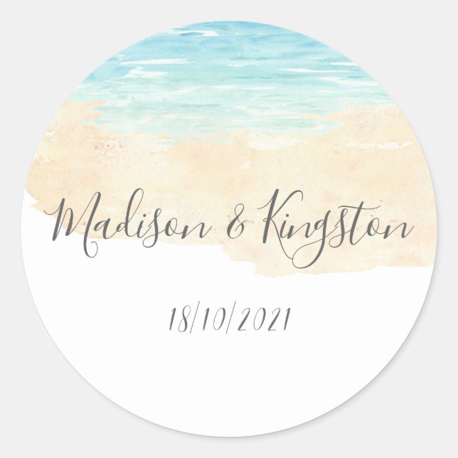 Hand-Painted Watercolor Beach Wedding Favours Classic Round Sticker (Front)