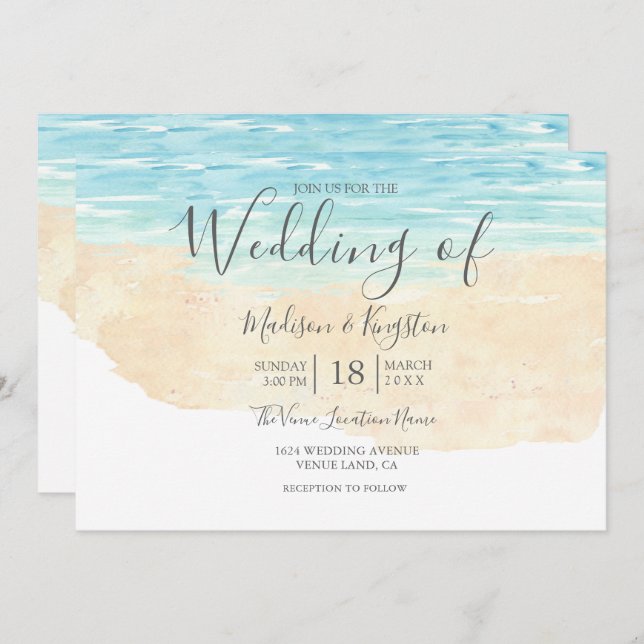 Hand-Painted Watercolor Beach Wedding Invitation (Front/Back)