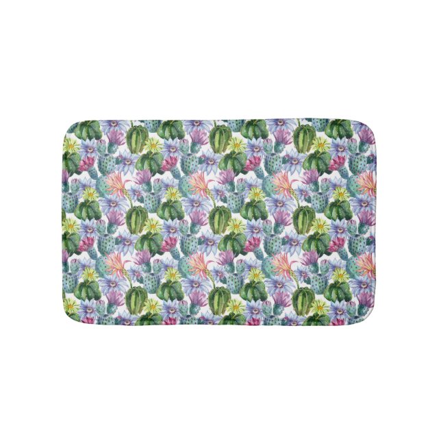 Hand Painted Watercolor Cactus Pattern Bath Mat (Front)