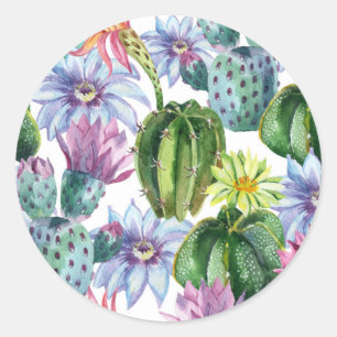 Hand Painted Watercolor Cactus Pattern Classic Round Sticker