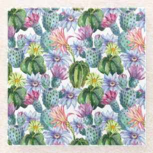 Hand Painted Watercolor Cactus Pattern Glass Coaster
