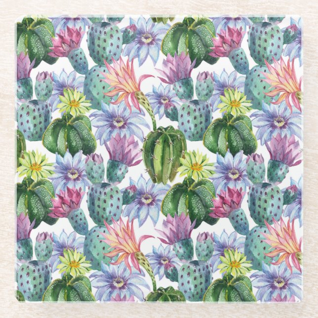 Hand Painted Watercolor Cactus Pattern Glass Coaster (Front)