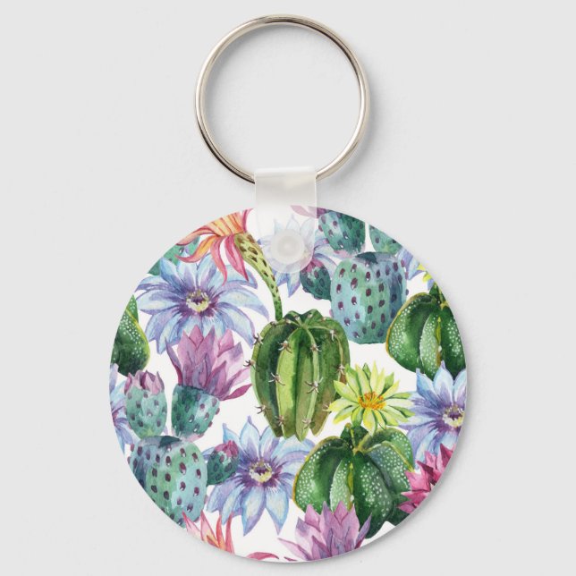 Hand Painted Watercolor Cactus Pattern Key Ring (Front)