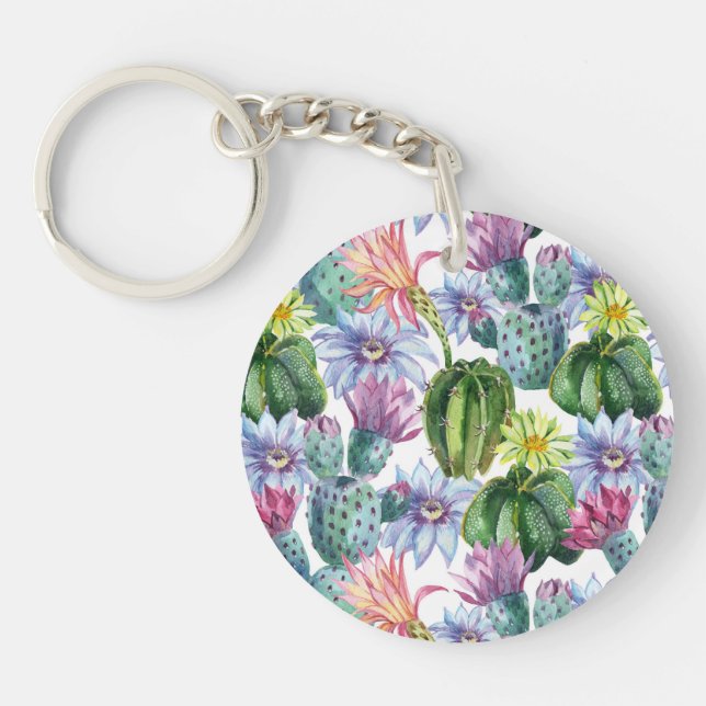 Hand Painted Watercolor Cactus Pattern Key Ring (Front)