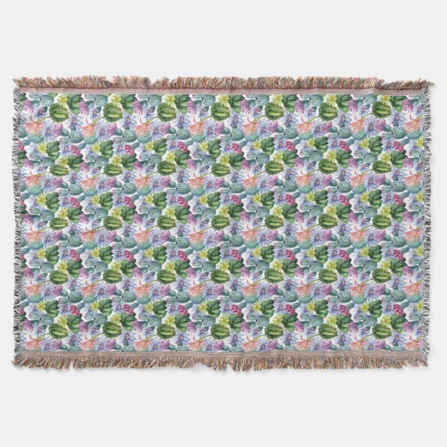 Hand Painted Watercolor Cactus Pattern Throw Blanket (Front)