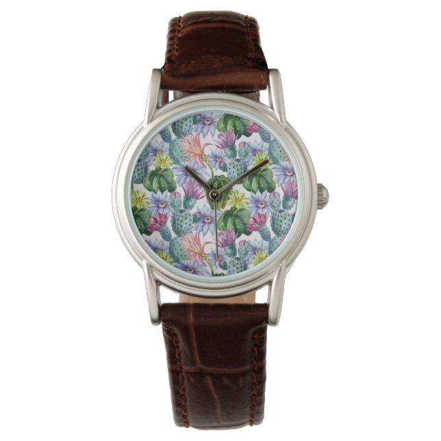 Hand Painted Watercolor Cactus Pattern Watch (Front)