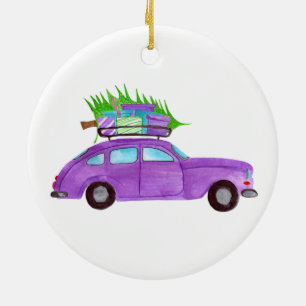 Hand painted watercolor Christmas car Ceramic Ornament