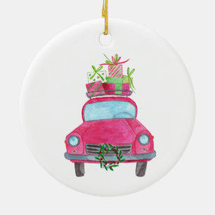 Hand painted watercolor Christmas car Ceramic Ornament