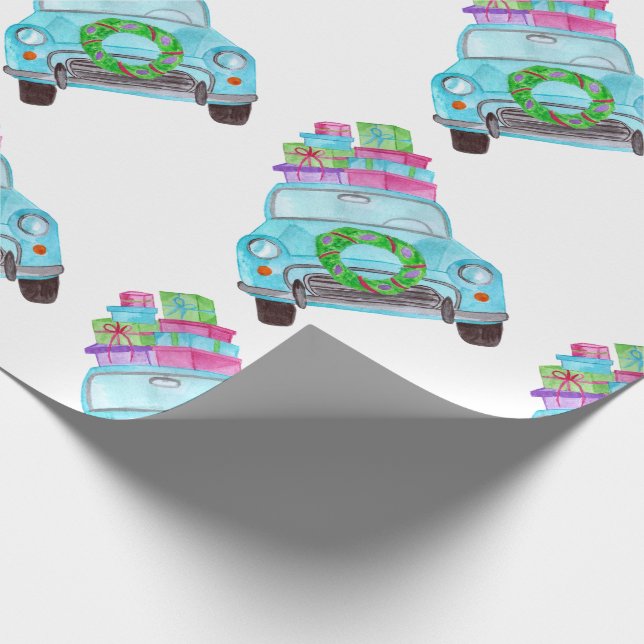 Hand painted watercolor Christmas car Wrapping Paper (Corner)
