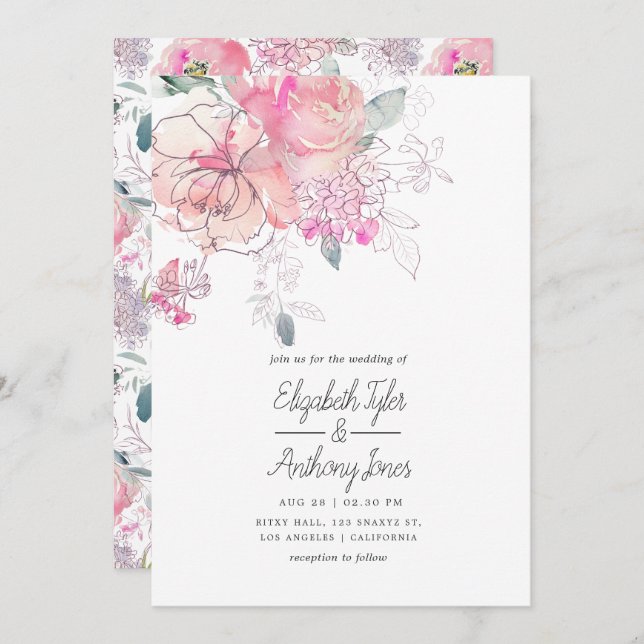 Hand Painted Watercolor Doodle Floral Wedding Invitation (Front/Back)