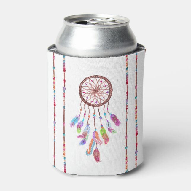 Hand Painted Watercolor Dreamcatcher Beads Feather Can Cooler (Can Front)