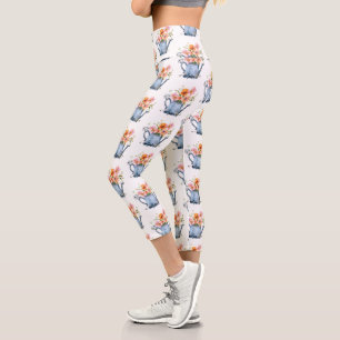 Hand-Painted Watercolor Floral Capri Leggings