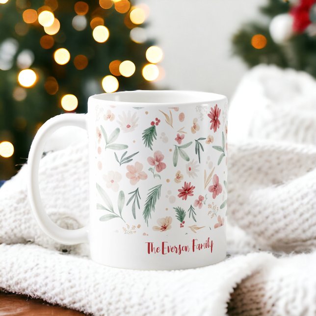 Hand Painted Watercolor Floral Christmas Name Coffee Mug (Hand Painted Watercolor Floral Christmas Name Coffee Mug)