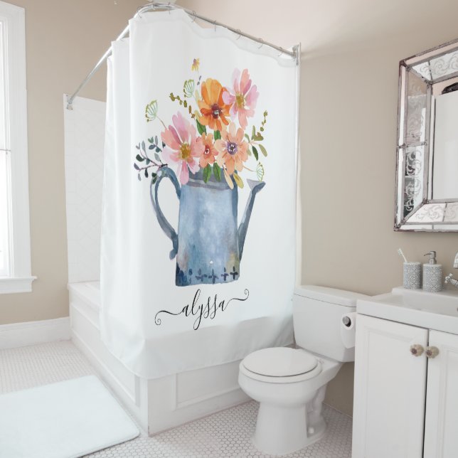 Hand-Painted Watercolor Floral Shower Curtain (In Situ)