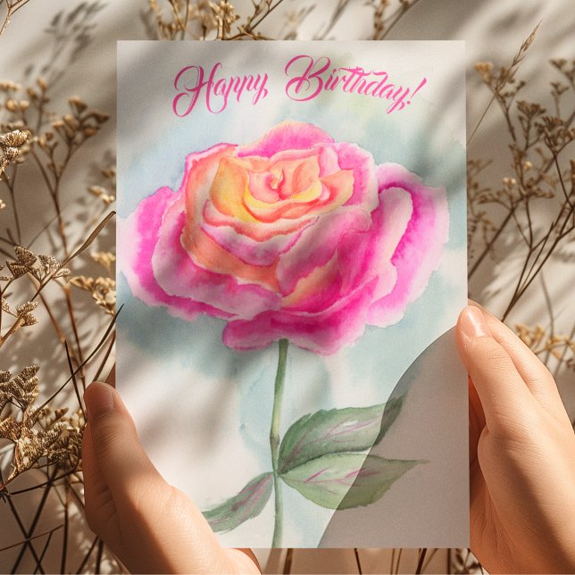 Hand Painted Watercolor Happy Birthday Rose Card (Creator Uploaded)