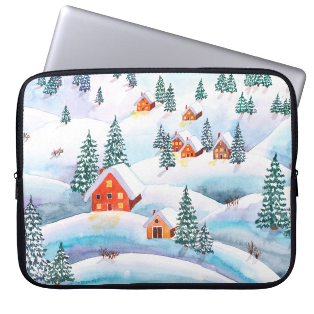 Hand painted watercolor illustration of the winter laptop sleeve (Front)
