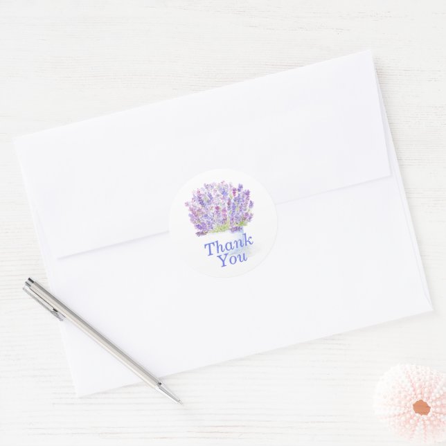 Hand painted Watercolor Lavender THANK YOU Classic Round Sticker (Envelope)