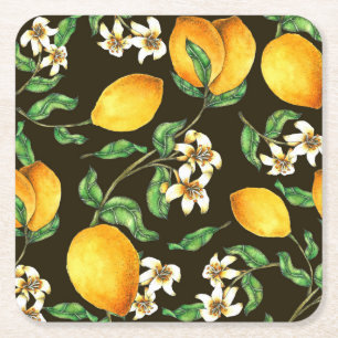 Hand Painted Watercolor Lemon Pattern Square Paper Coaster