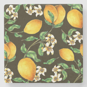 Hand Painted Watercolor Lemon Pattern Stone Coaster