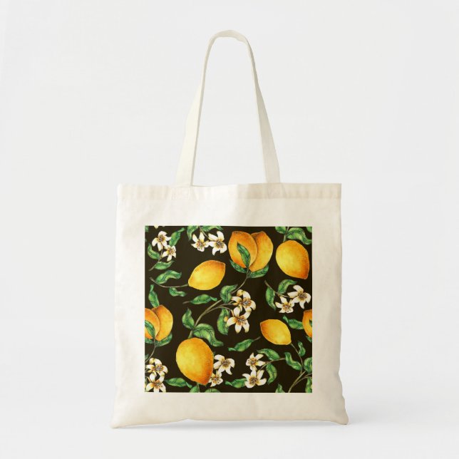 Hand Painted Watercolor Lemon Pattern Tote Bag (Front)