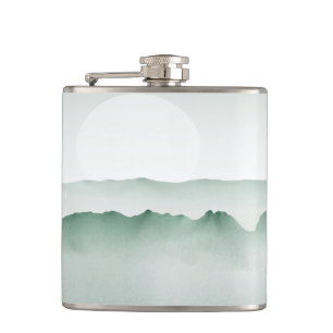 Hand Painted Watercolor Mountain Landscape Hip Flask