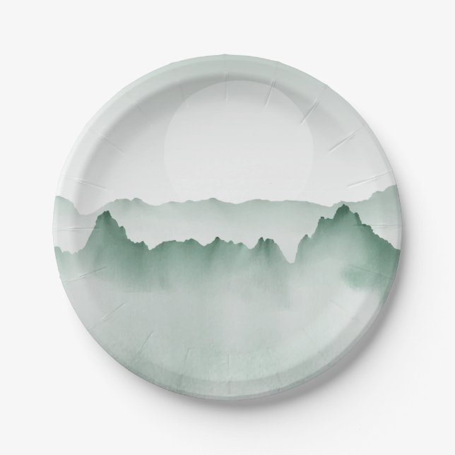 Hand Painted Watercolor Mountain Landscape Paper Plate (Front)