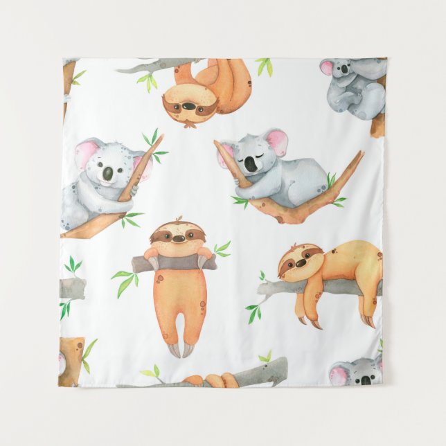 Hand painted watercolor pattern tropical cute anim tapestry (Front)