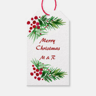 Hand Painted Watercolor Pine Wreath, Red Berries Gift Tags