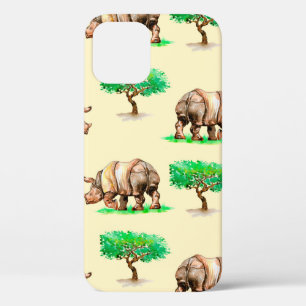 Hand painted watercolor rhinoceros seamless patter iPhone 12 case