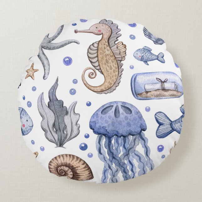 Hand-Painted Watercolor Sea Pattern. Round Cushion (Front)