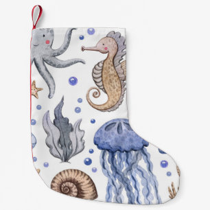 Hand-Painted Watercolor Sea Pattern. Small Christmas Stocking