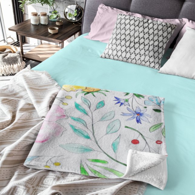 Hand Painted Watercolor Spring Flowers  Fleece Blanket (Creator Uploaded)