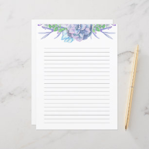 Hand Painted Watercolor Succulent Lined Paper