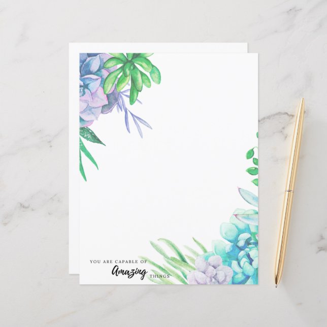 Hand Painted Watercolor Succulent Stationery Paper (Front/Back In Situ)