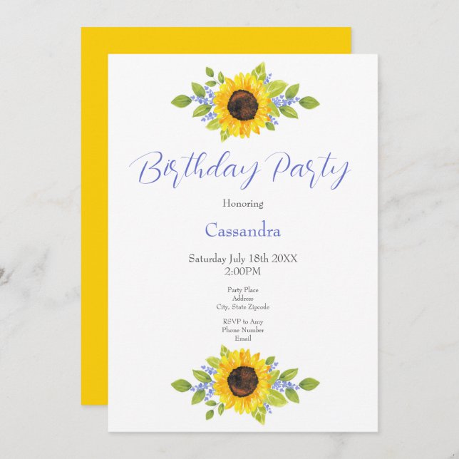 Hand Painted Watercolor Sunflower Swag Invitation (Front/Back)