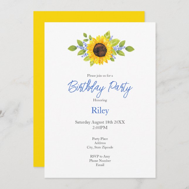 Hand Painted Watercolor Sunflower Swag Invitation (Front/Back)