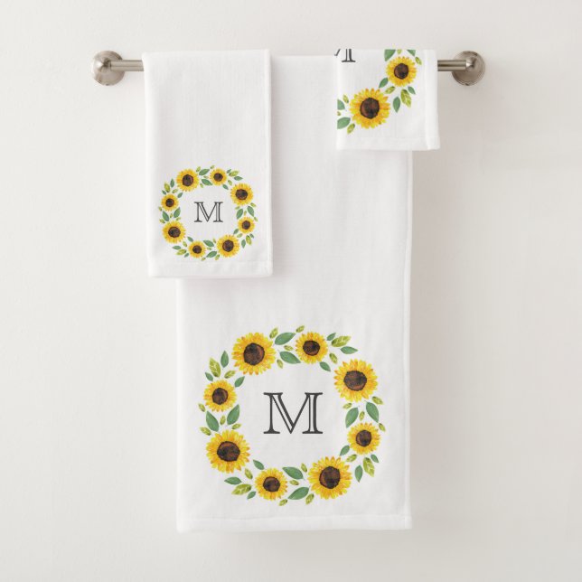 Hand Painted Watercolor Sunflower Wreath Bath Towel Set (Insitu)